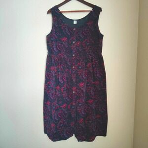 L.L. Bean Paisley Corduroy Pinafore Dress Cottagecore Button Front Vintage USA